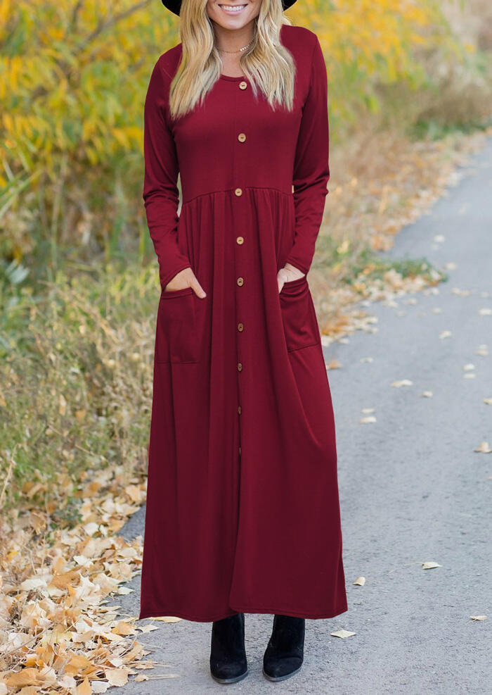 

Solid Button Pocket Maxi Dress without Necklace - Red, 460057