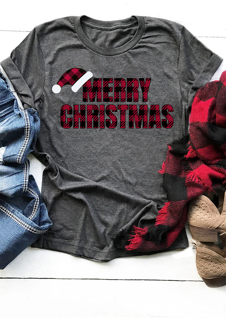 

Merry Christmas Plaid O-Neck T-Shirt Tee - Gray, 460082