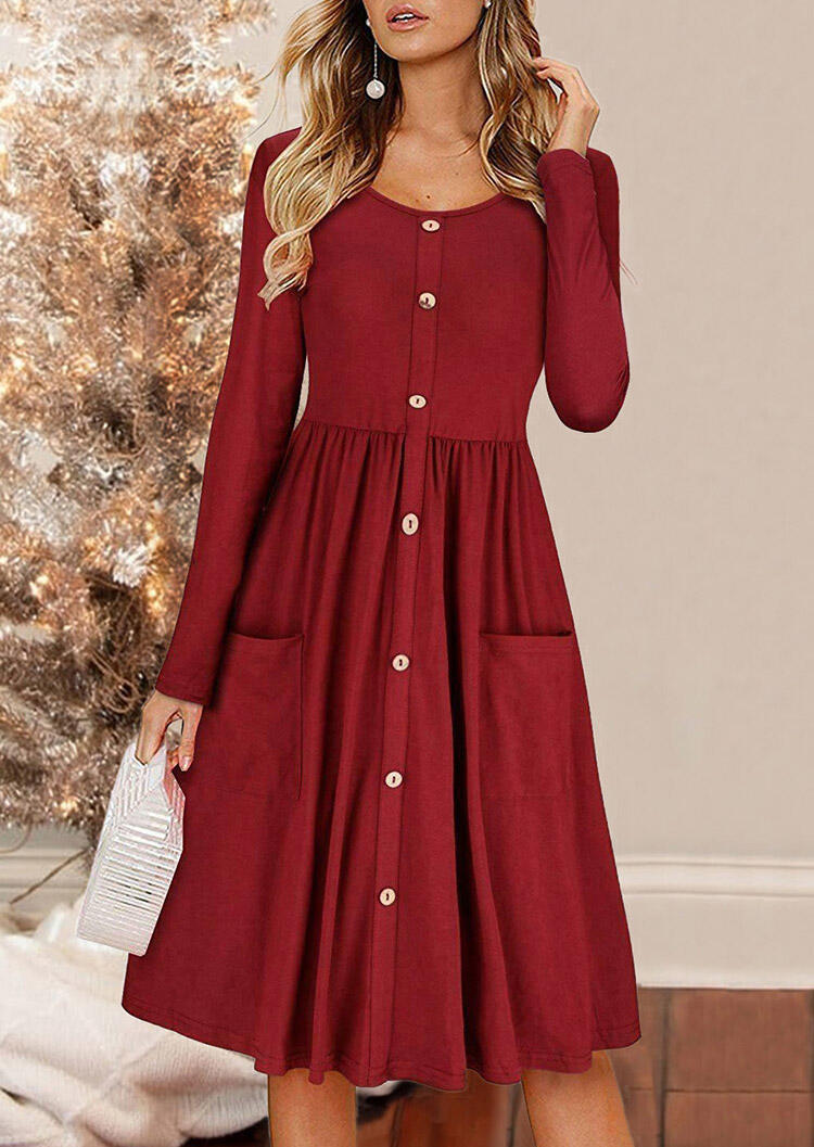 

Casual Dresses O-Neck Button Pocket Casual Dress - Burgundy. Size: S,M,,XL