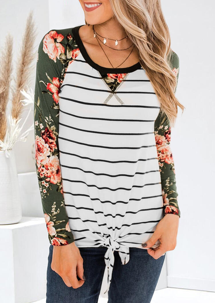 Floral Striped Splicing Tie T-Shirt Tee without Necklace
