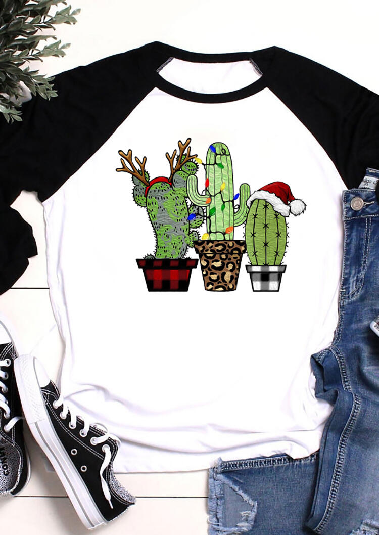 

Reindeer Plaid Leopard Printed Cactus T-Shirt Tee - White, 460189