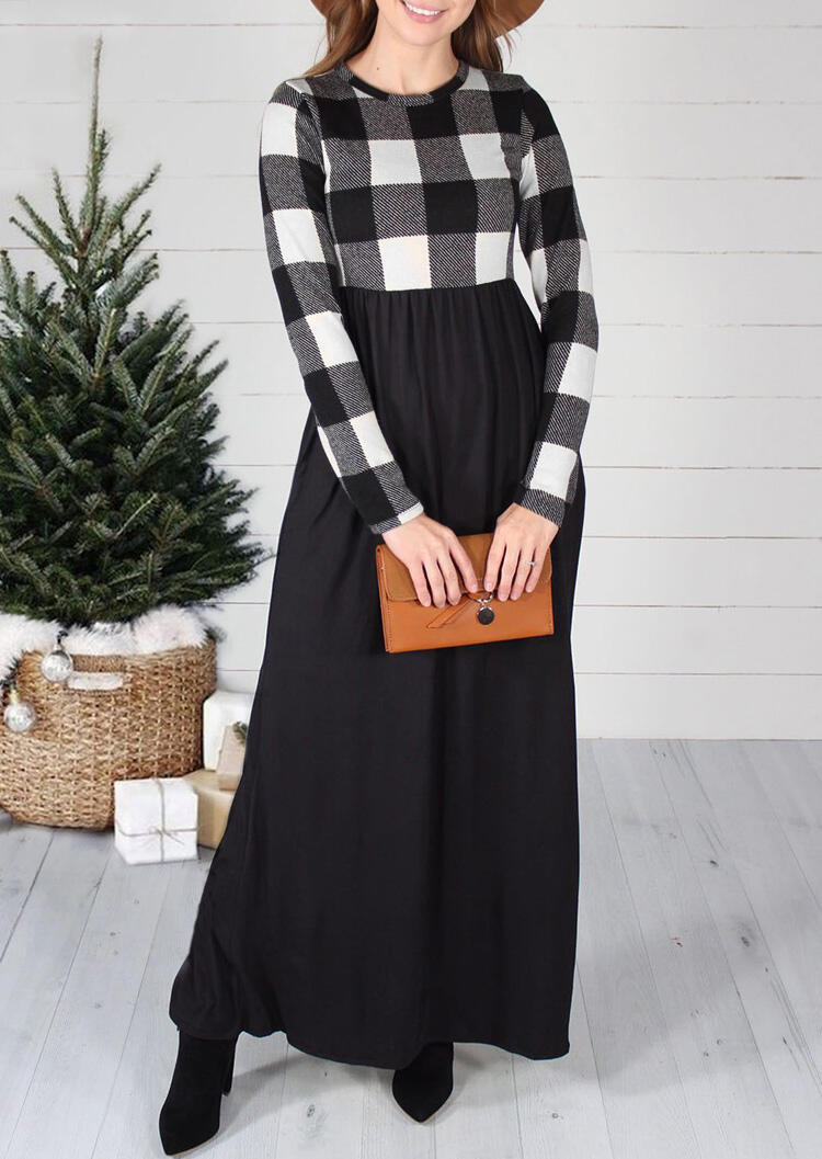 

Plaid Splicing Pocket Long Sleeve Maxi Dress - Black, 460215