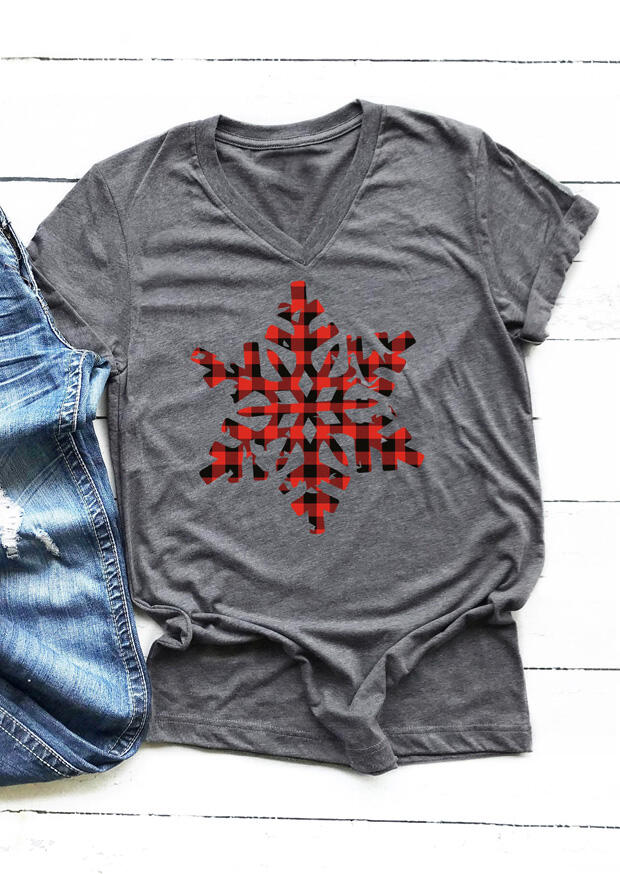 

Plaid Snowflake V-Neck T-Shirt Tee - Gray, 460220