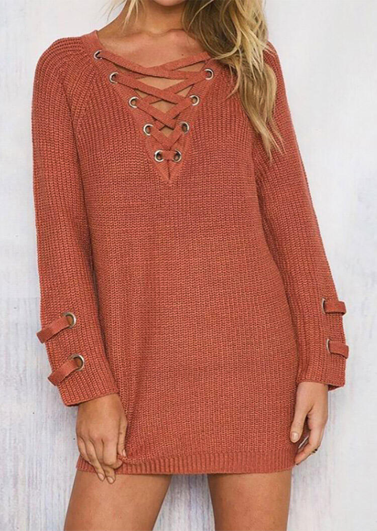 

Sweaters Knitted Criss-Cross V-Neck Sweater - Brick Red. Size