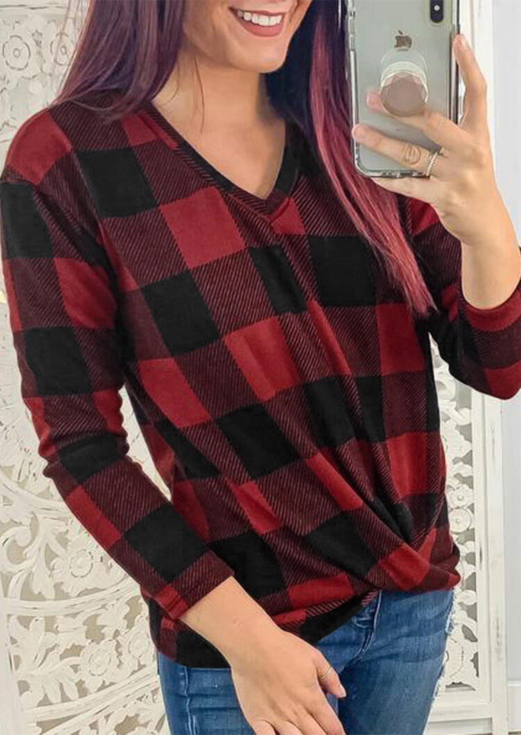 

Blouses Plaid Splicing V-Neck Twist Blouse - Red. Size: S,M,,XL