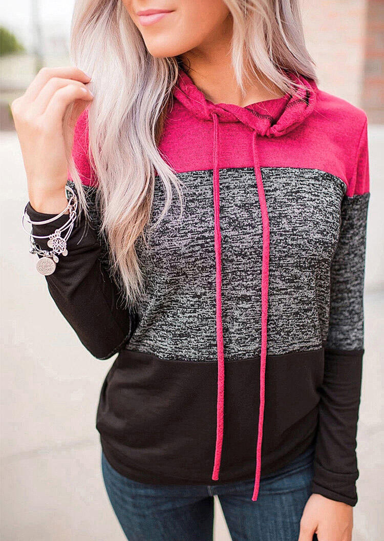 

Color Block Splicing Drawstring Hoodie - Rose Red, 460250