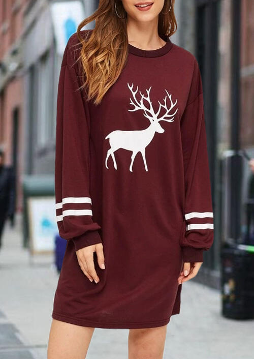 

Mini Dresses Reindeer O-Neck Mini Dress - Burgundy. Size: M