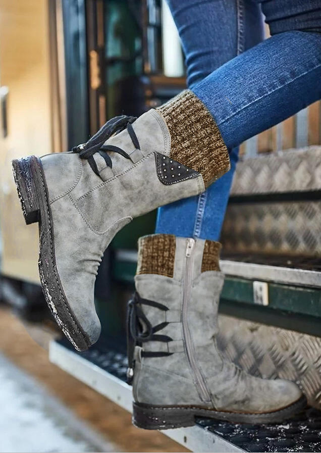 

Boots Lace Up Zipper Warm Round Toe Boots in Light Grey. Size: ,39