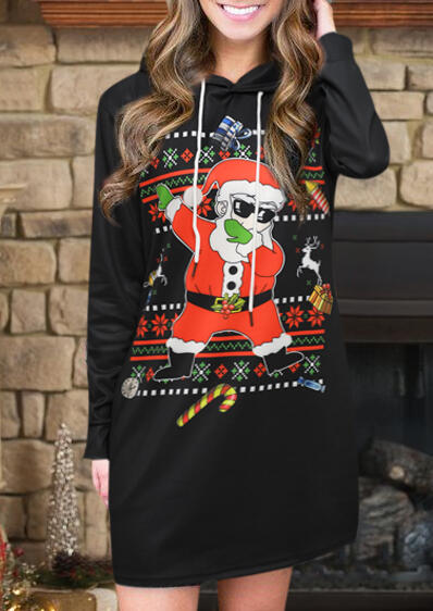

Santa Claus Long Sleeve Drawstring Hooded Mini Dress - Black, 460064