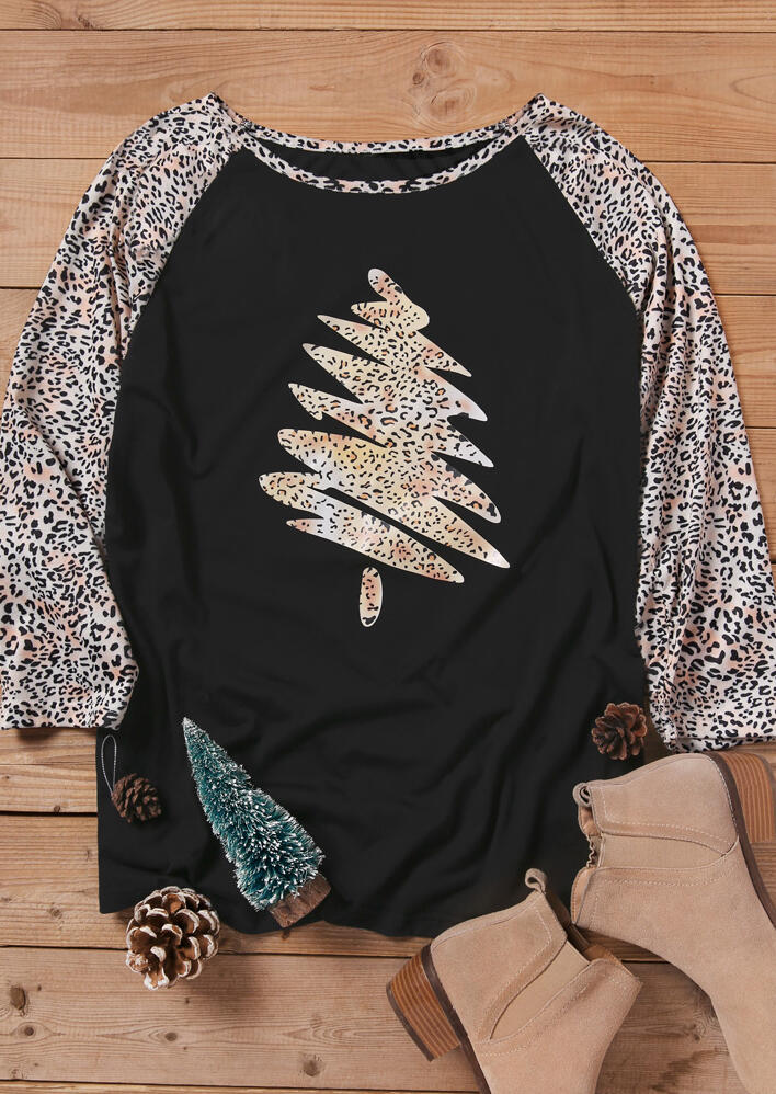 

Leopard Printed Splicing Christmas Trees T-Shirt Tee - Black, 460196