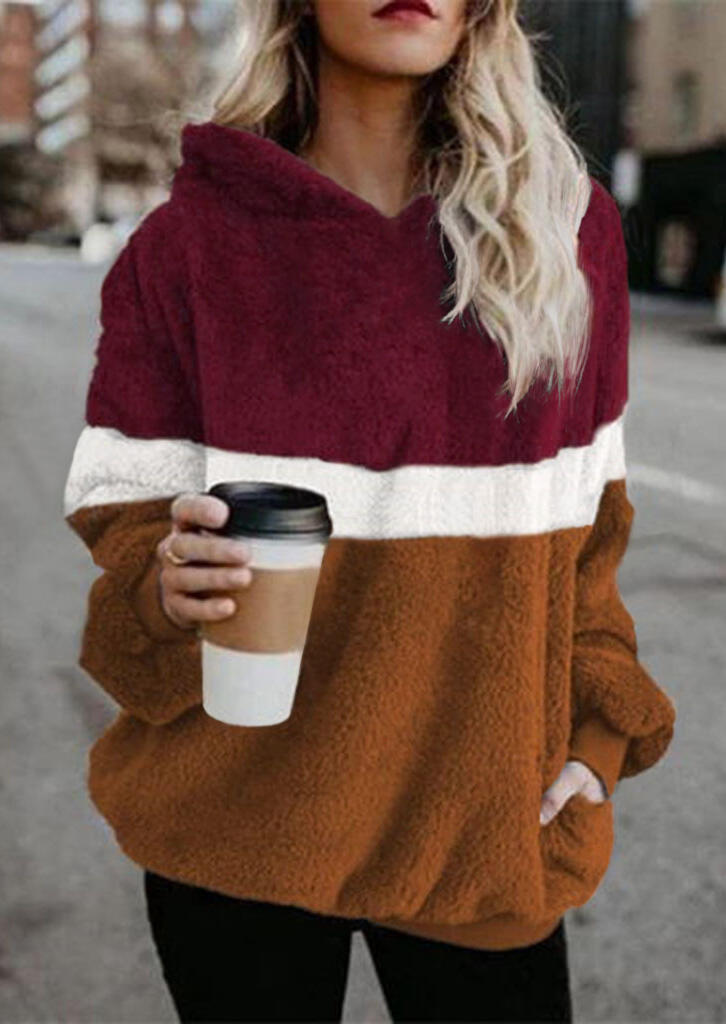 

Color Block Pocket Zipper Plush Hoodie - Brown, 460198