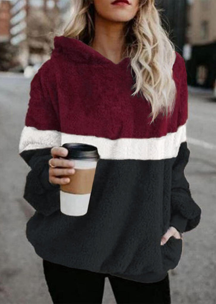 

Color Block Pocket Zipper Plush Hoodie - Dark Grey, 460200