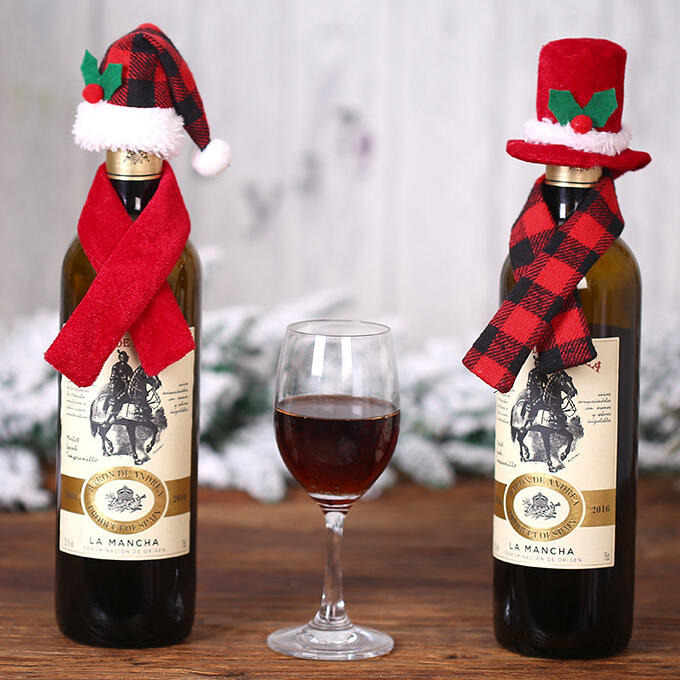 

Festive & Party Supplies 2 Pieces Christmas Wine Bottle Cover Decoration Cute Scarf amp; Hat, Plaid