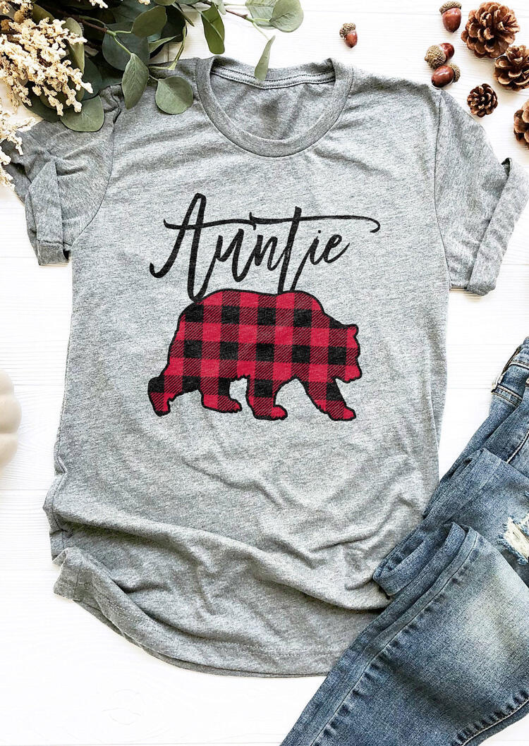 

Tees T-shirts Auntie Bear Plaid Printed Splicing T-Shirt Tee - Gray. Size: M,,XL