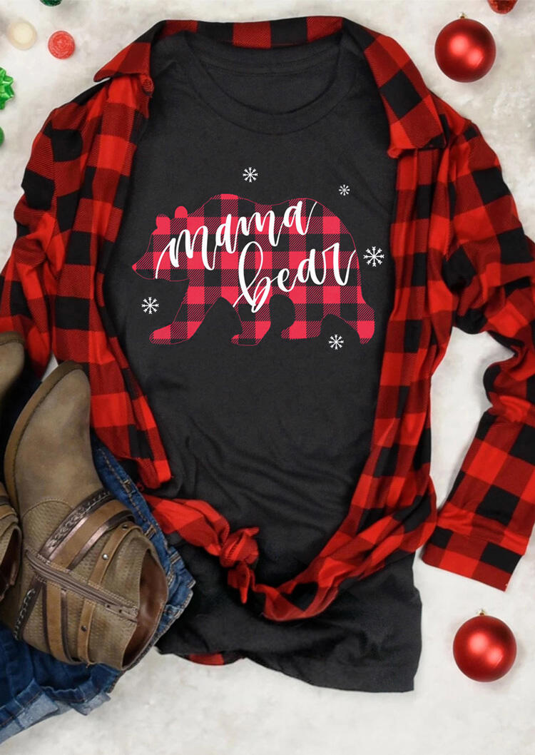 

Tees T-shirts Christmas Mama Bear Plaid Printed Splicing T-Shirt Tee - Black. Size