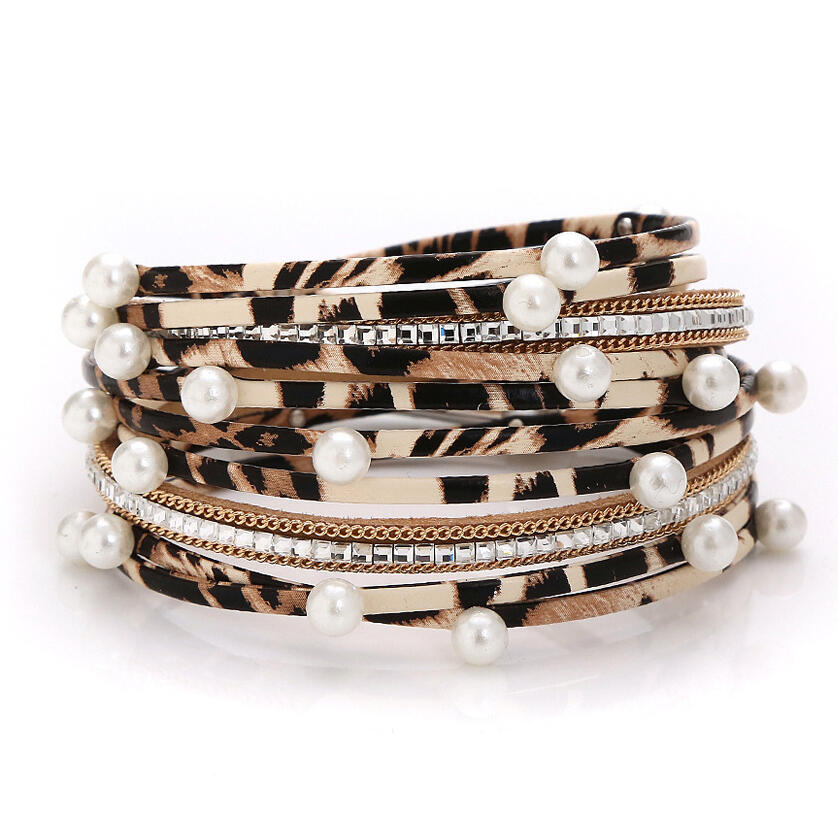 

Leopard Printed Pearl Multi-Layered PU Leather Bracelet, White;khaki, 460316
