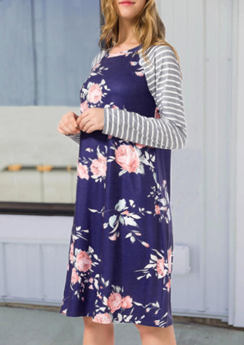 Floral Striped Splicing O-Neck Casual Dress - Blue, 460317