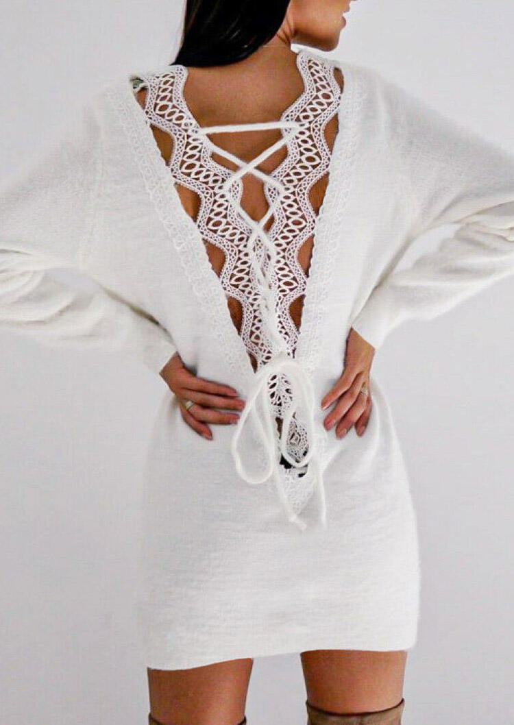 Solid Lace Splicing Open Back Mini Dress - White, 460322