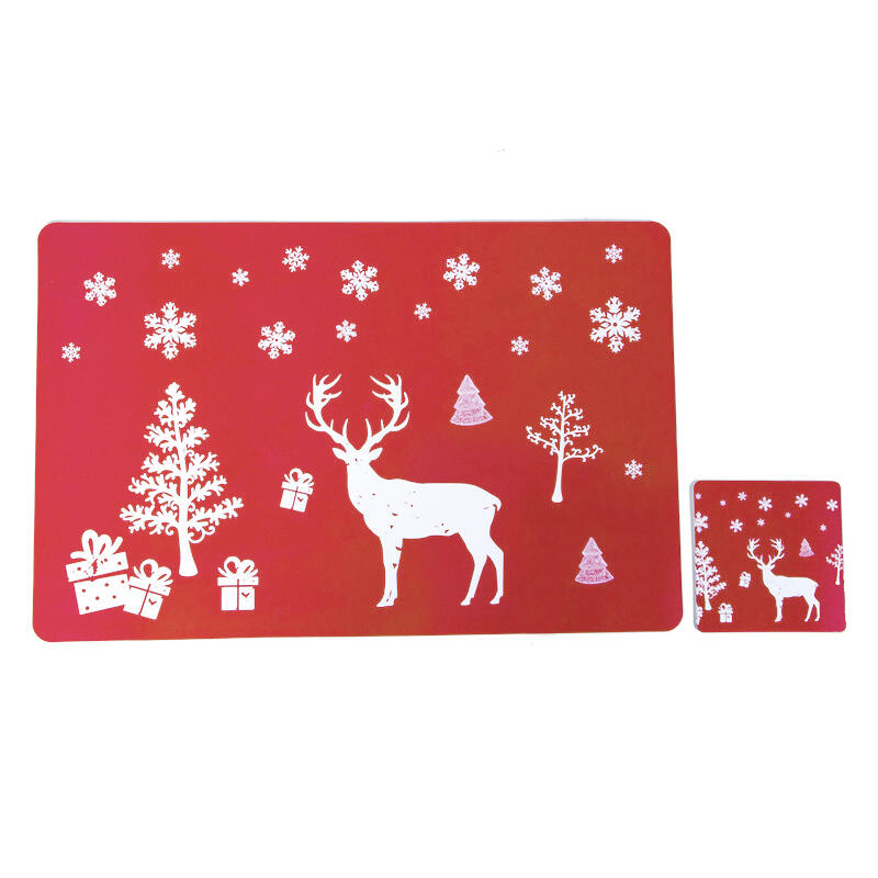 

12Pcs/Set Christmas Tree Elk Snowflake Coaster And Placemat, Gray;red, 460338