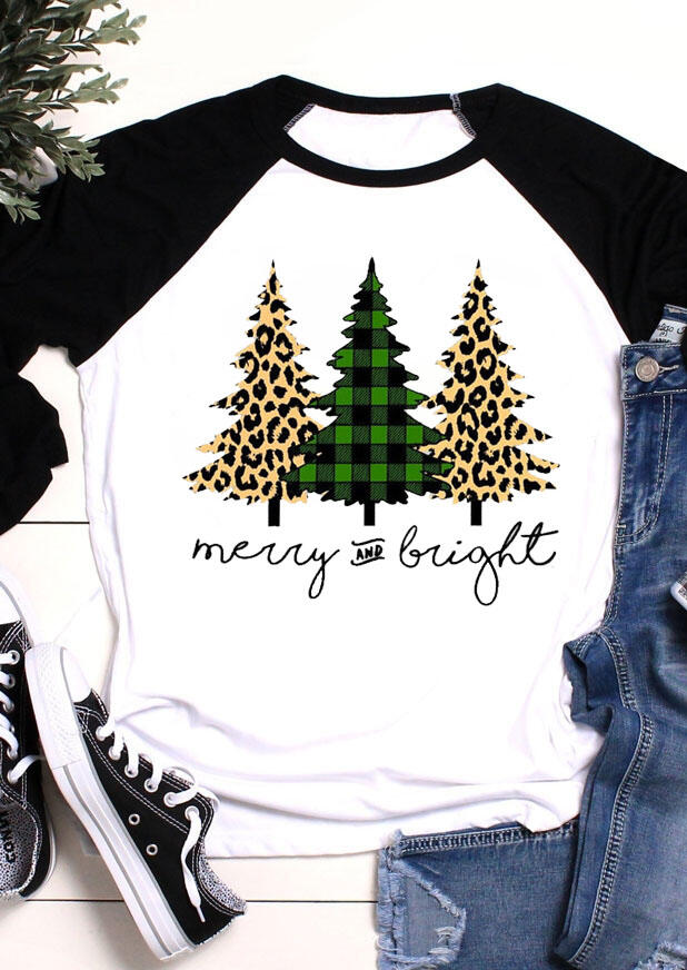 

Plaid Leopard Printed Christmas Tree Merry And Bright T-Shirt Tee - White, 460352
