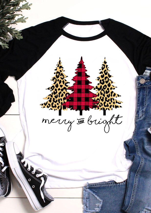 

Tees T-shirts Plaid Leopard Printed Christmas Tree Merry And Bright T-Shirt Tee - White. Size