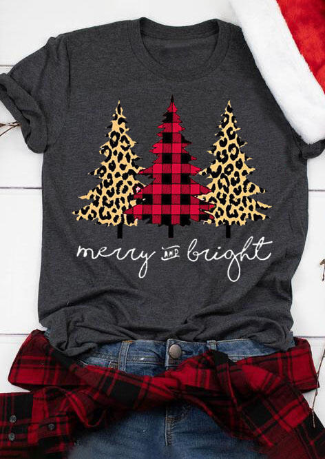 Plaid Leopard Printed Christmas Tree Merry And Bright T-Shirt Tee - Gray