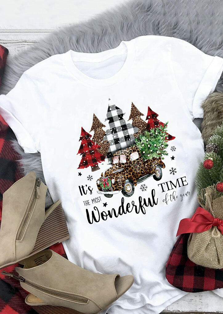 

Wonderful Time Of The Year Leopard Plaid Printed T-Shirt Tee - White, 460379