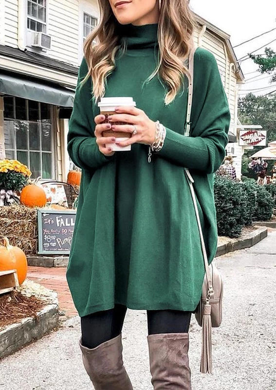 

Solid Knitted Turtleneck Mini Dress - Green, 460393