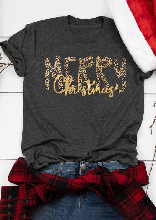 

Tees T-shirts Leopard Printed Merry Christmas T-Shirt Tee - Dark Grey. Size: M