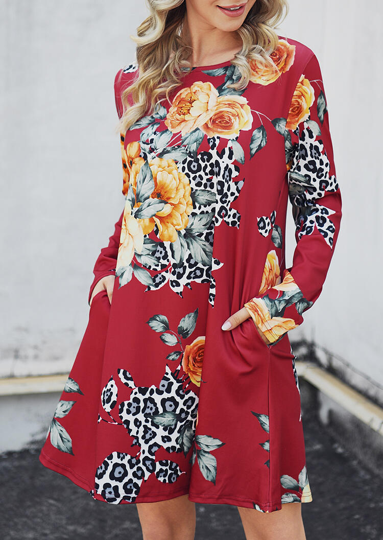 

Floral Leopard Printed Pocket Mini Dress - Red, 458118