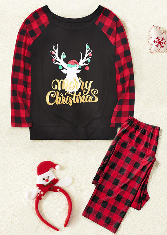

Merry Christmas Reindeer Plaid Printed Splicing Pajamas Set, 460060