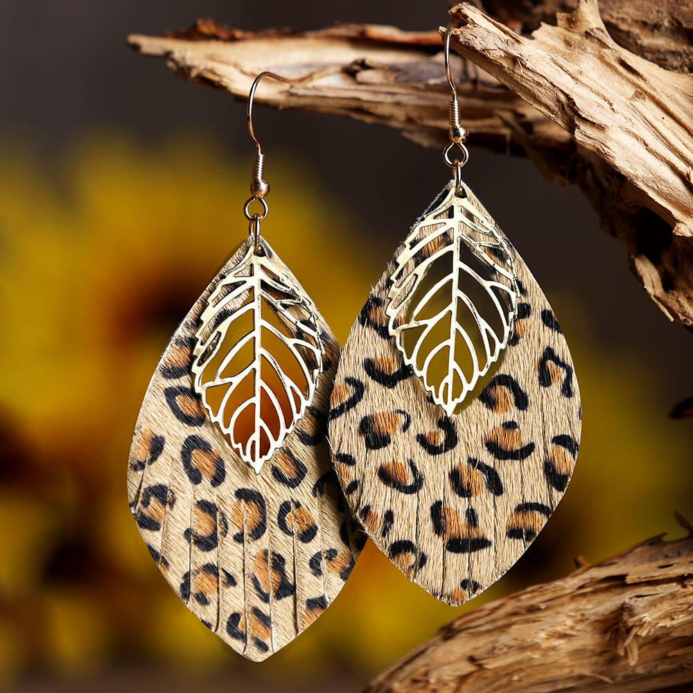 

Earrings Leopard Printed Leaf Leather Earrings. Size, Khaki
