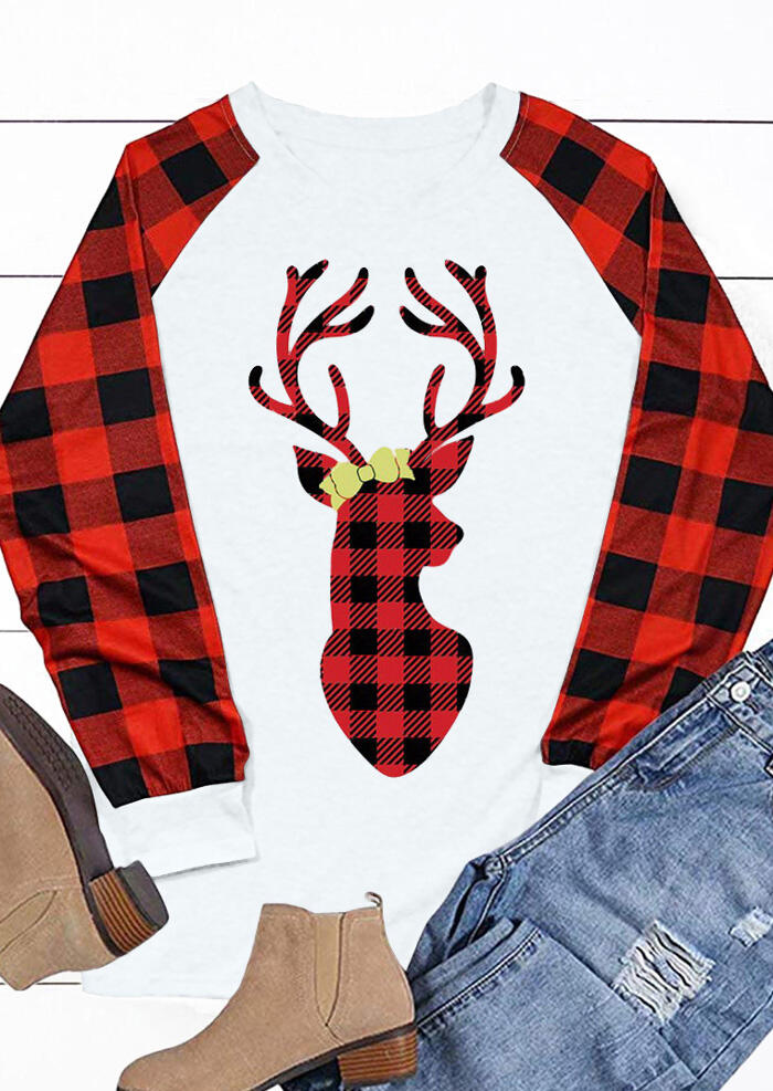 

Christmas Plaid Splicing Reindeer T-Shirt Tee - White, 460357
