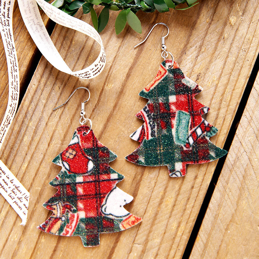 

Plaid Snowman Christmas Tree Leather Earrings, Green;red;yellow, 460360