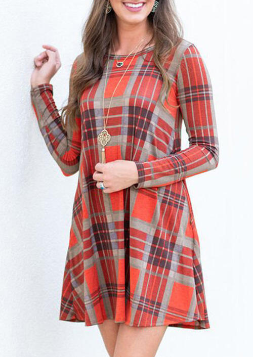 

Mini Dresses Plaid O-Neck Mini Dress without Necklace - Orange. Size: M