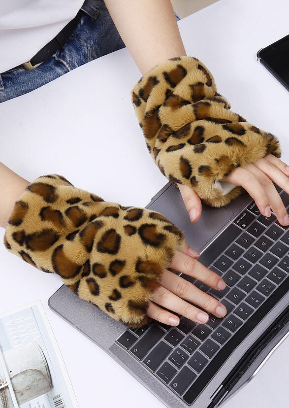 

Gloves Leopard Printed Faux Fur Warm Fingerless Gloves Mittens. Size, Khaki