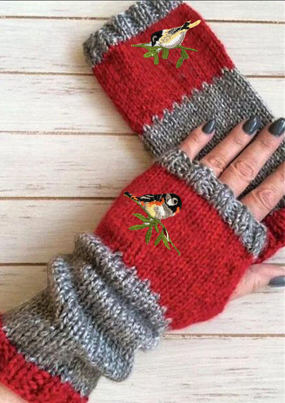 

Gloves Bird Color Block Warm Knitted Wrist Gloves. Size, Red
