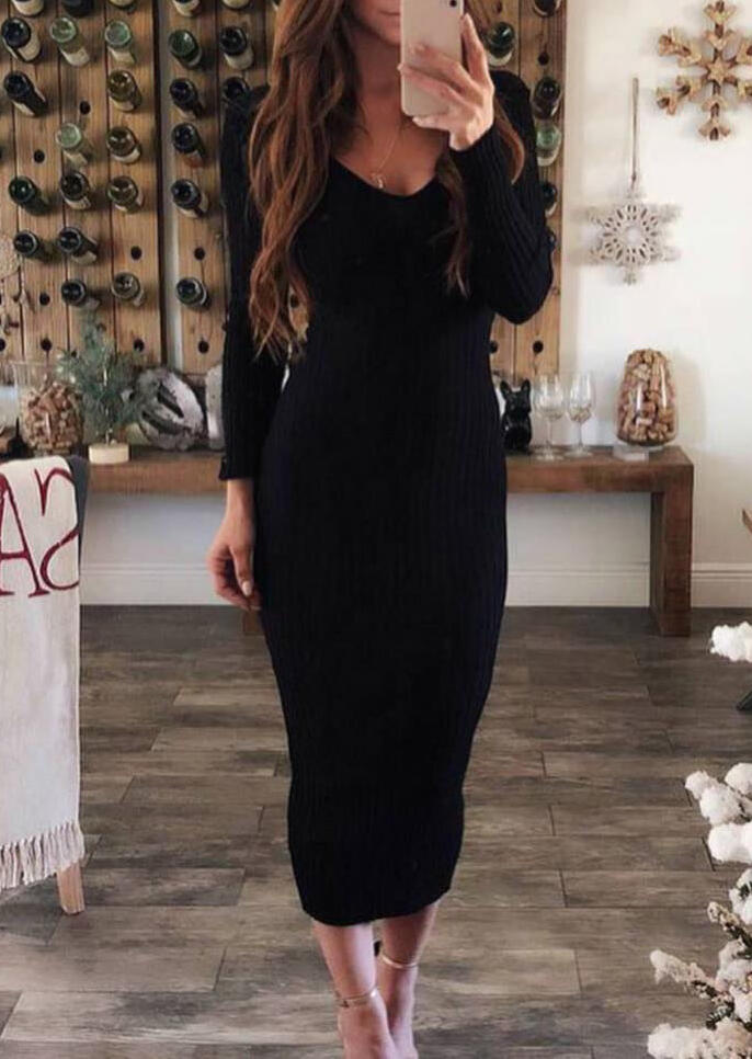 

Solid Long Sleeve Bodycon Dress without Necklace - Black, 460416