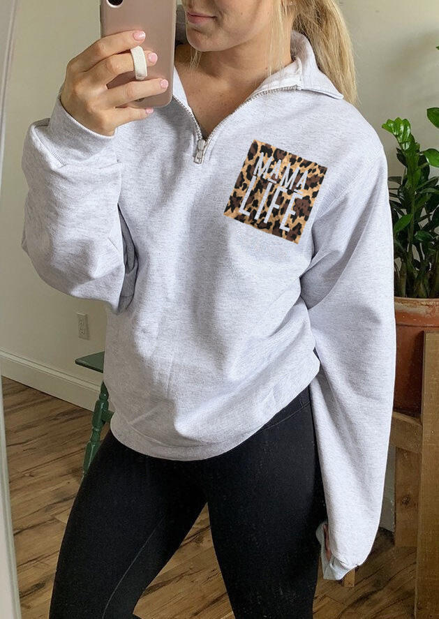 

Hoodies & Sweatshirts Leopard Printed Mama Life Zipper Sweatshirt - Light Grey. Size