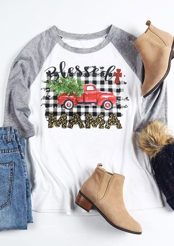 

Leopard Printed Blessed Mama Christmas Car T-Shirt Tee - White, 460420