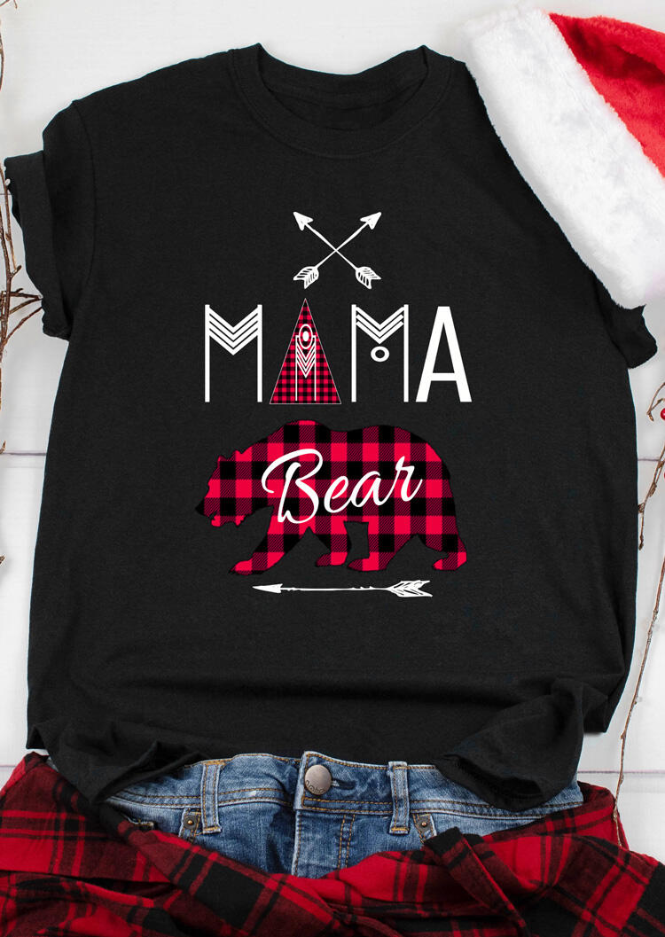 

Mama Bear Plaid Printed Splicing T-Shirt Tee - Black, 460428