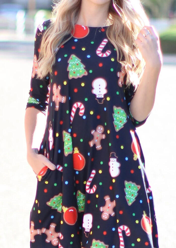 

Christmas Trees Snowman Pocket Mini Dress - Black, 460457