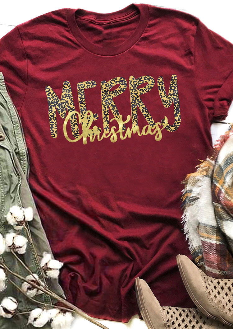 

Leopard Printed Merry Christmas T-Shirt Tee - Burgundy, 460469