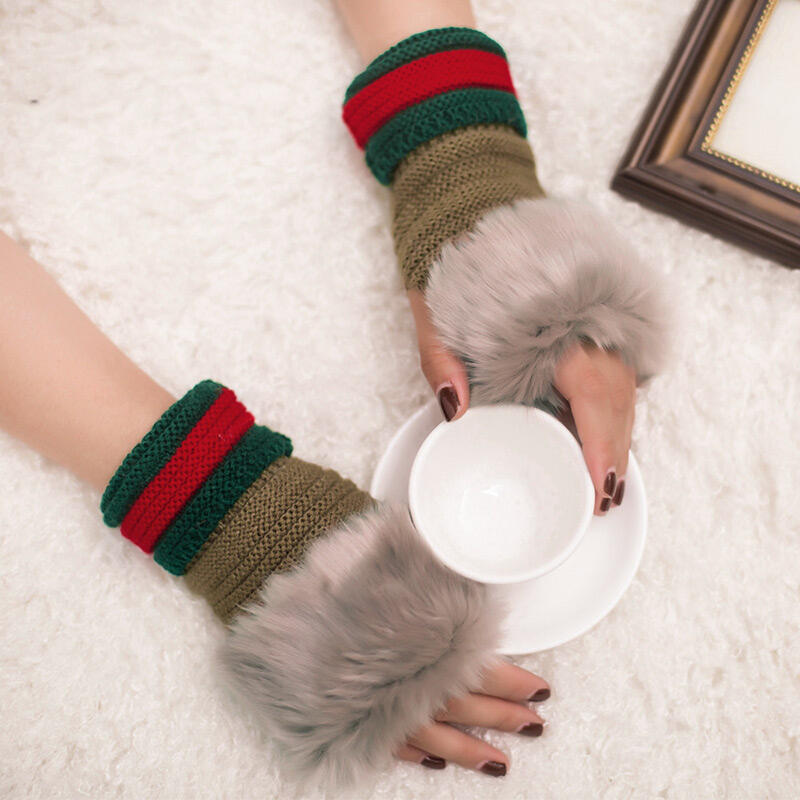 

Gloves Striped Faux Fur Warm Half Finger Gloves. Size, Dark khaki