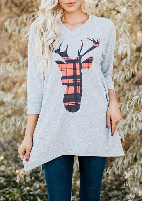 

Christmas Plaid Reindeer Slit Blouse - Light Grey, 458669