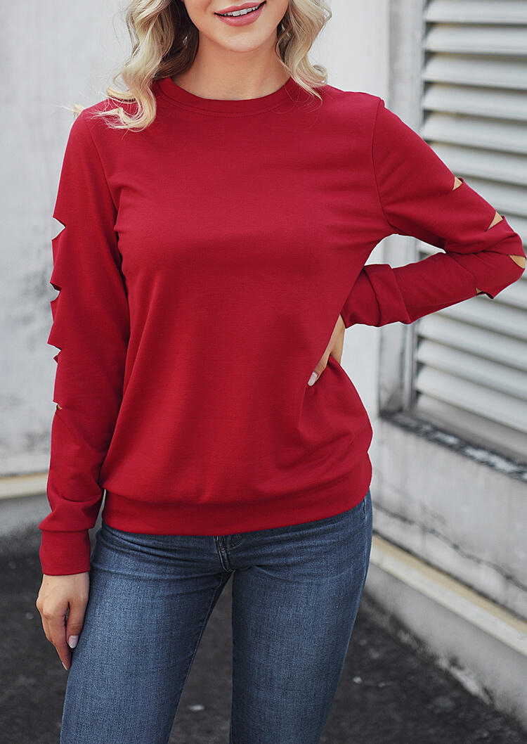 

Solid Hollow Out O-Neck T-Shirt Tee - Burgundy, 459087