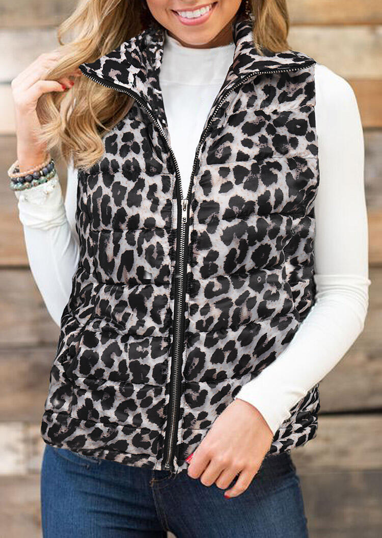 

Leopard Printed Sleeveless Zipper Vest Coat, 459536