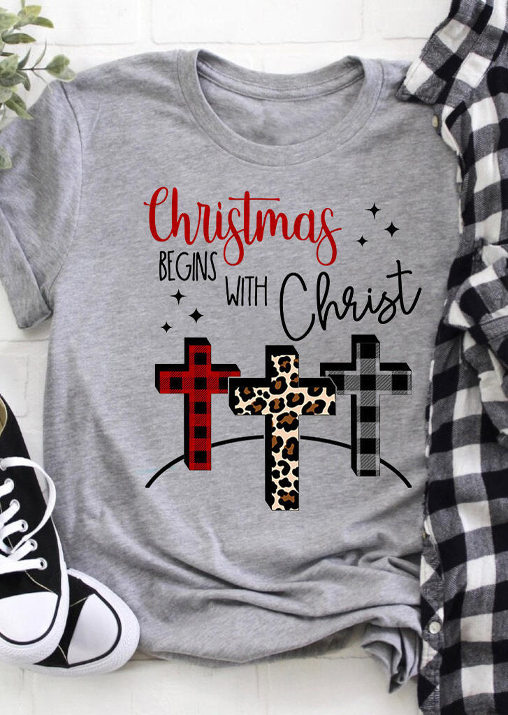 

Christmas Begins With Christ Leopard Plaid Printed T-Shirt Tee - Light Grey, 460051