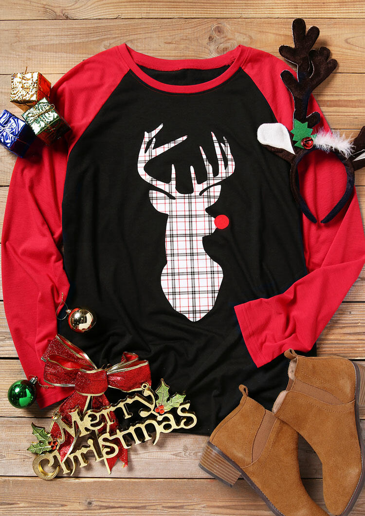 

Reindeer Plaid Printed Splicing T-Shirt Tee - Black, 460436