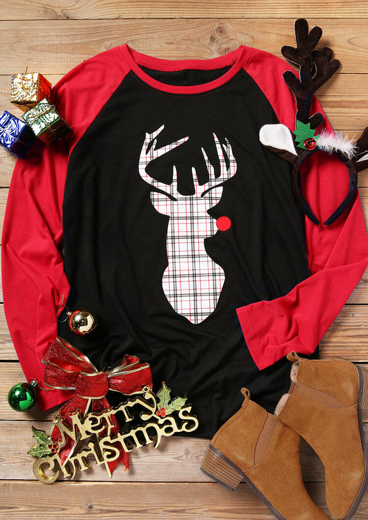 

Tees T-shirts Reindeer Plaid Printed Splicing T-Shirt Tee - Black. Size: S,M